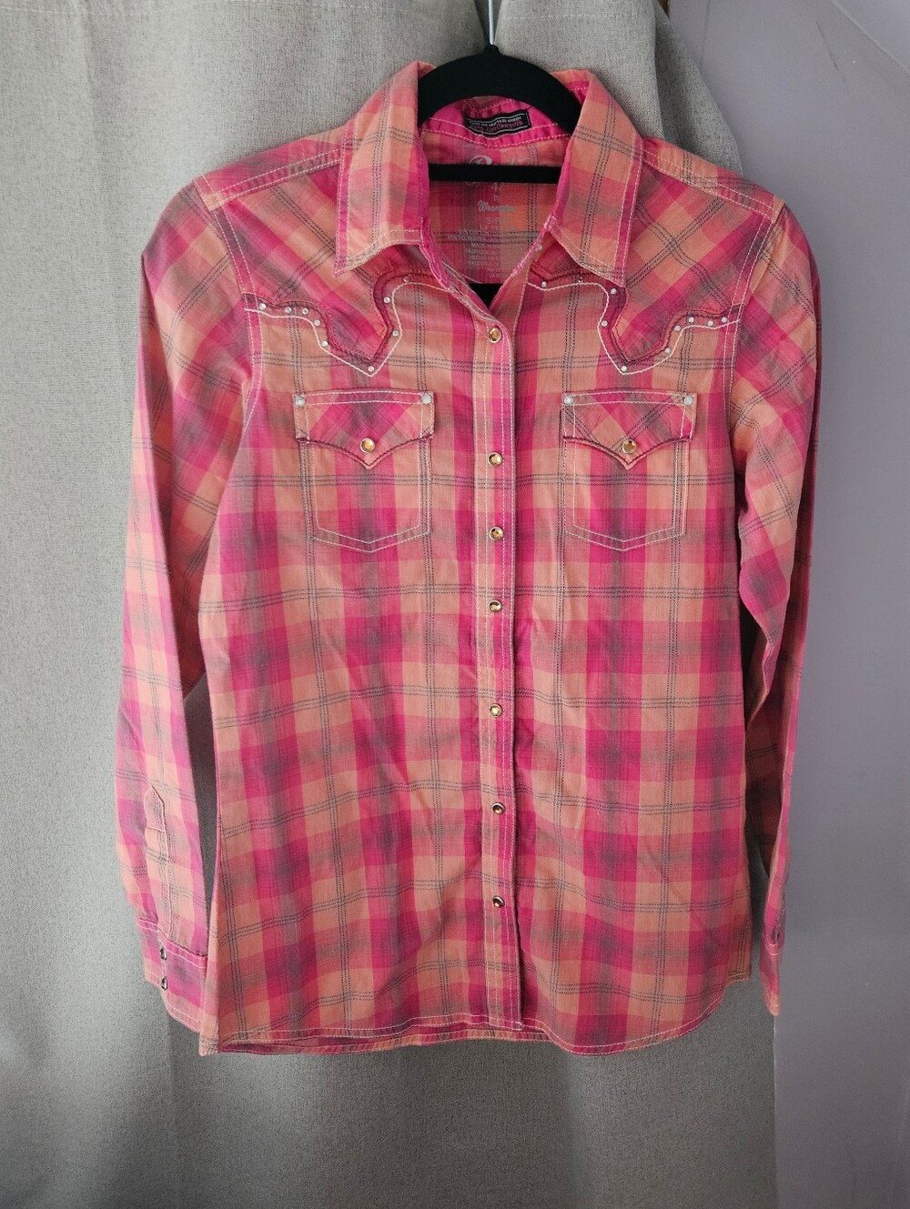 Womans Pink Plaid Western Shirt with Rhinestone Trim